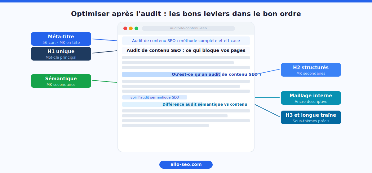 Optimisation on-page après audit contenu SEO - méta-titre H1 H2 maillage interne sémantique