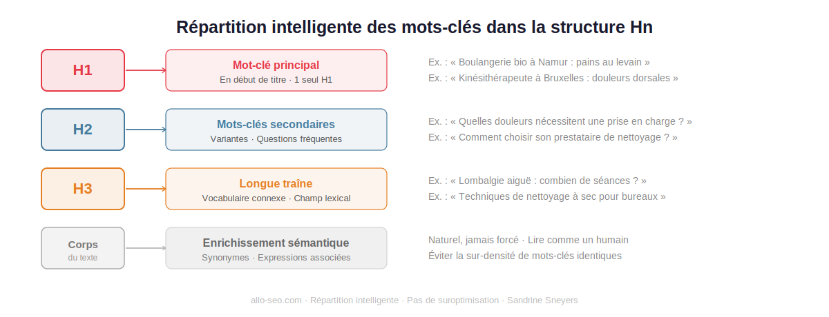 Schéma de répartition des mots-clés principaux et secondaires dans les balises H1 H2 H3