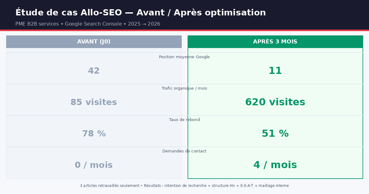 Étude de cas Allo-SEO : résultats avant et après optimisation de contenu SEO par Sandrine en 2025