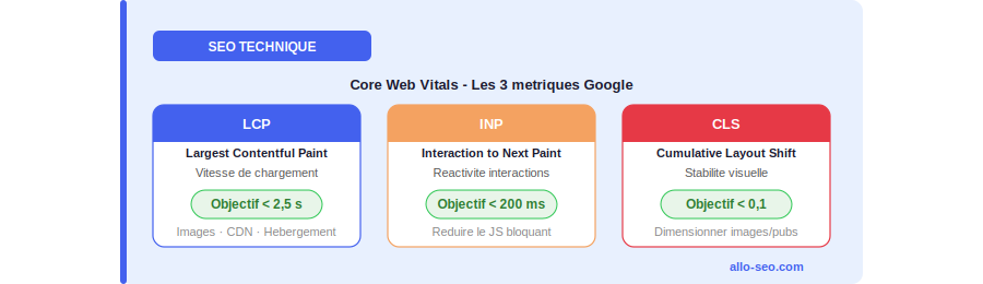 SEO technique - Core Web Vitals LCP INP CLS - métriques performance Google - Allo-SEO