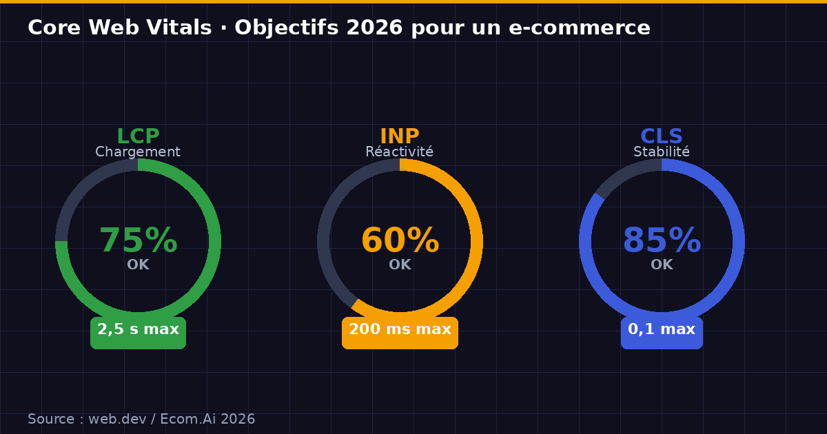 Core Web Vitals 2026 pour un e-commerce : LCP, INP et CLS, seuils et objectifs