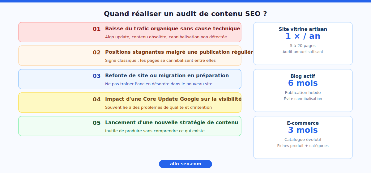 Quand réaliser un audit de contenu SEO - 5 signaux déclencheurs et fréquence par type de site