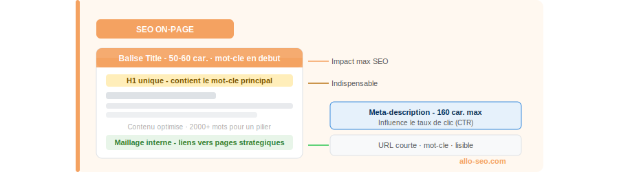 SEO on-page - optimisation balise title contenu maillage interne - Allo-SEO