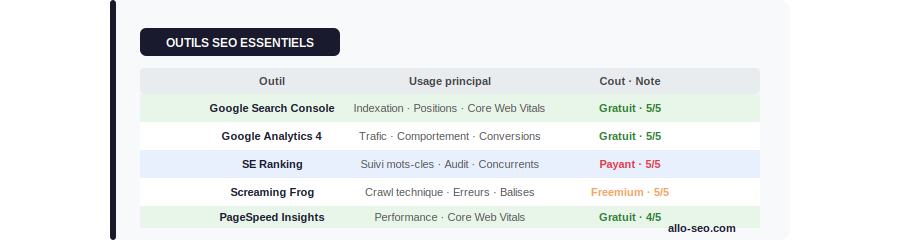 Les outils SEO indispensables - Google Search Console SE Ranking Screaming Frog - Allo-SEO
