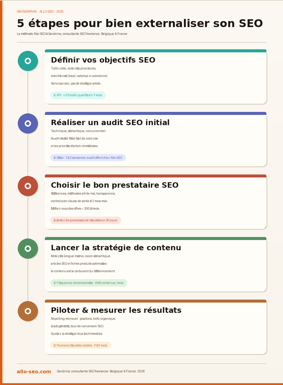 Infographie : 5 étapes pour bien externaliser son SEO — méthode Allo-SEO 2026