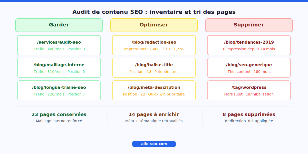 Définition audit de contenu SEO - inventaire et tri des pages existantes en trois catégories