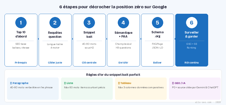 comment obtenir position zéro Google méthode 6 étapes snippet bait PAA schema.org 2026