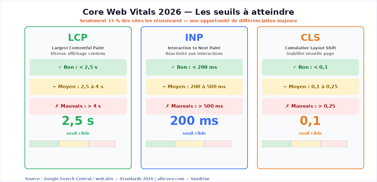Core Web Vitals 2026 – seuils LCP INP CLS pour le SEO technique Google