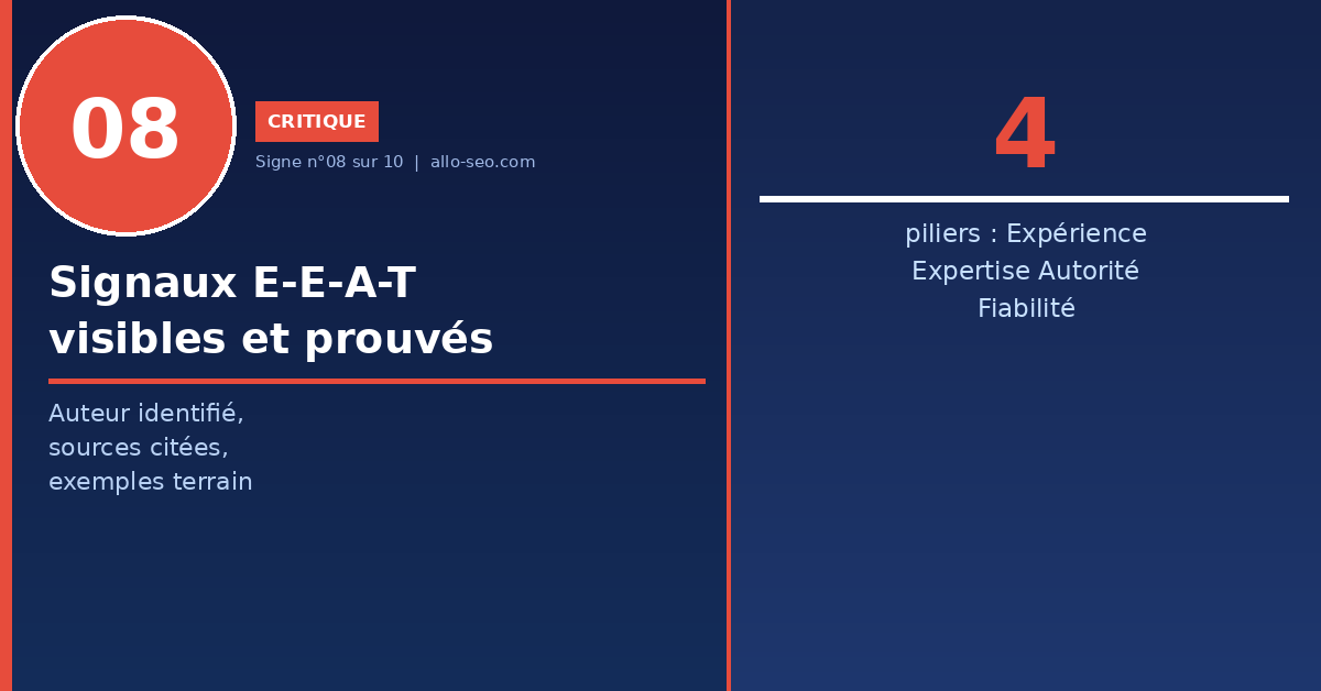 signe 8 : signaux E-E-A-T expérience expertise autorité fiabilité - optimisation de contenu SEO