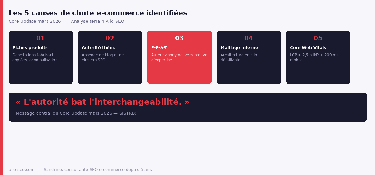 Les 5 causes de chute de visibilité e-commerce identifiées par Sandrine Allo-SEO lors du Core Update mars 2026
