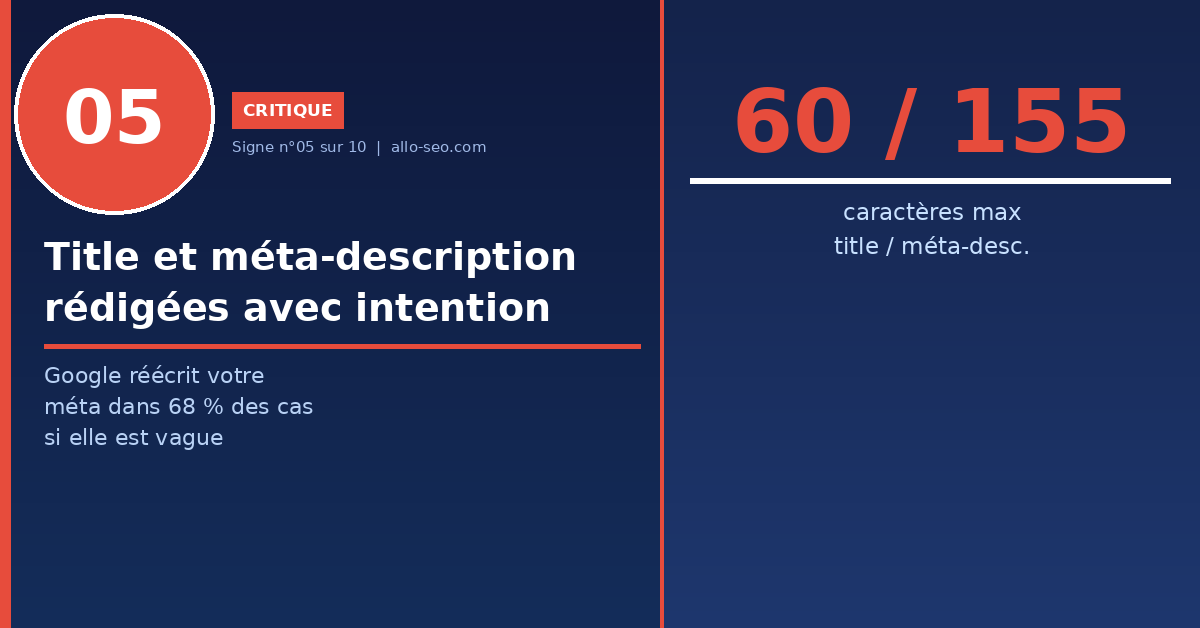 signe 5 : title 60 caractères et méta-description 155 caractères - optimisation de contenu SEO