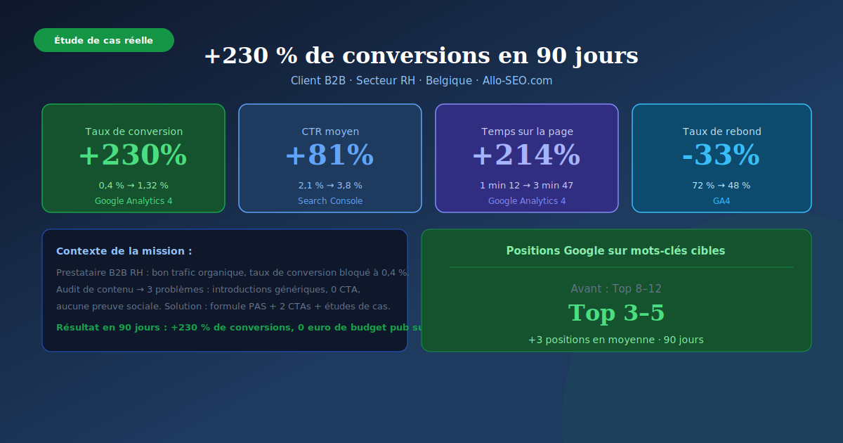 Étude de cas copywriting SEO - +230% de conversions en 90 jours - client B2B RH Belgique - Allo-SEO