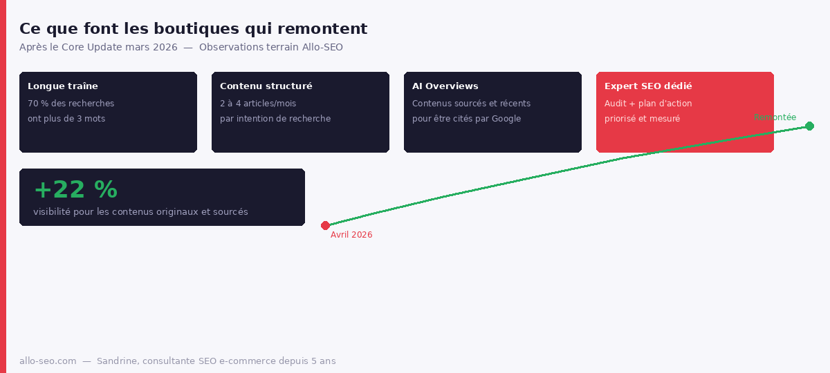Ce que font les boutiques en ligne qui récupèrent leur trafic organique après le Core Update mars 2026 : longue traîne, contenu structuré, AI Overviews