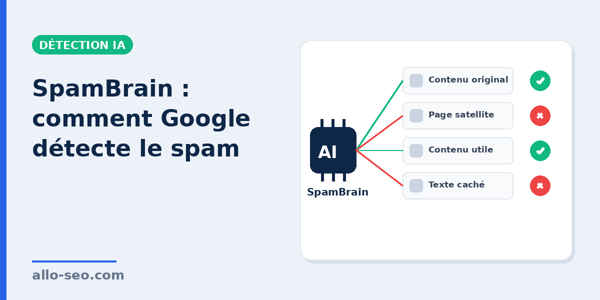 SpamBrain détecte le spam : pages satellites et texte caché rejetés, contenu original validé