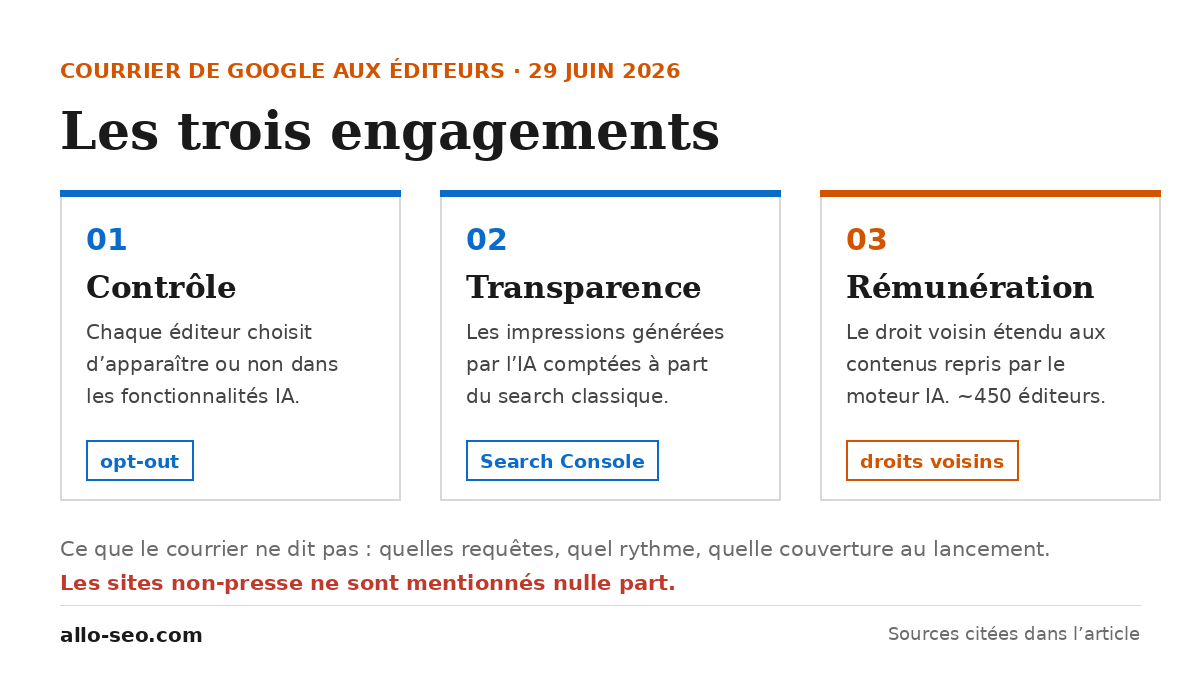 Les trois engagements du courrier de Google aux éditeurs : contrôle, transparence, rémunération au titre du droit voisin