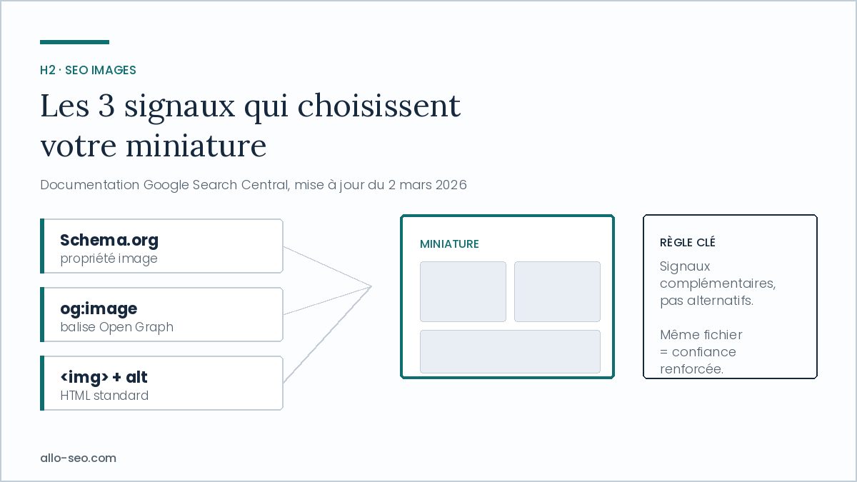Les trois signaux Schema.org, og:image et balise img qui déterminent la miniature affichée par Google