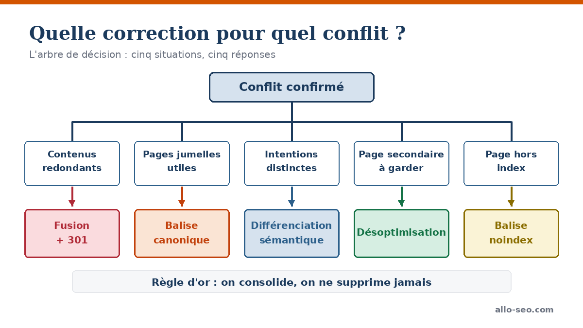 Arbre de décision des cinq corrections de la cannibalisation SEO : fusion avec redirection 301, balise canonique, différenciation sémantique, désoptimisation et noindex