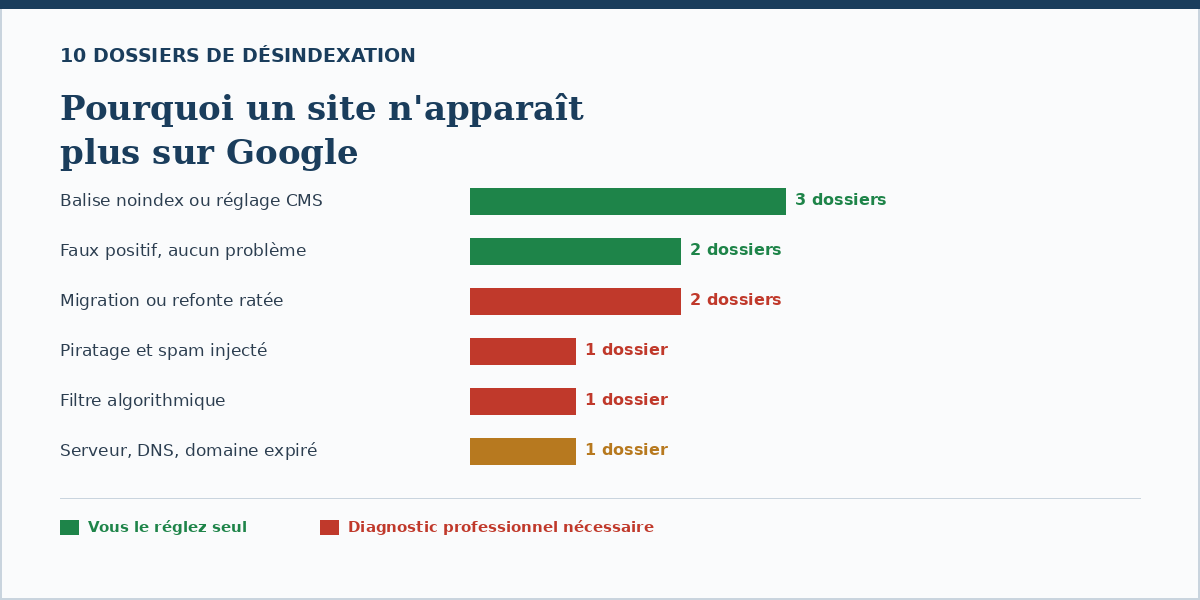 Répartition des causes de désindexation sur 10 dossiers : noindex, faux positif, migration, piratage