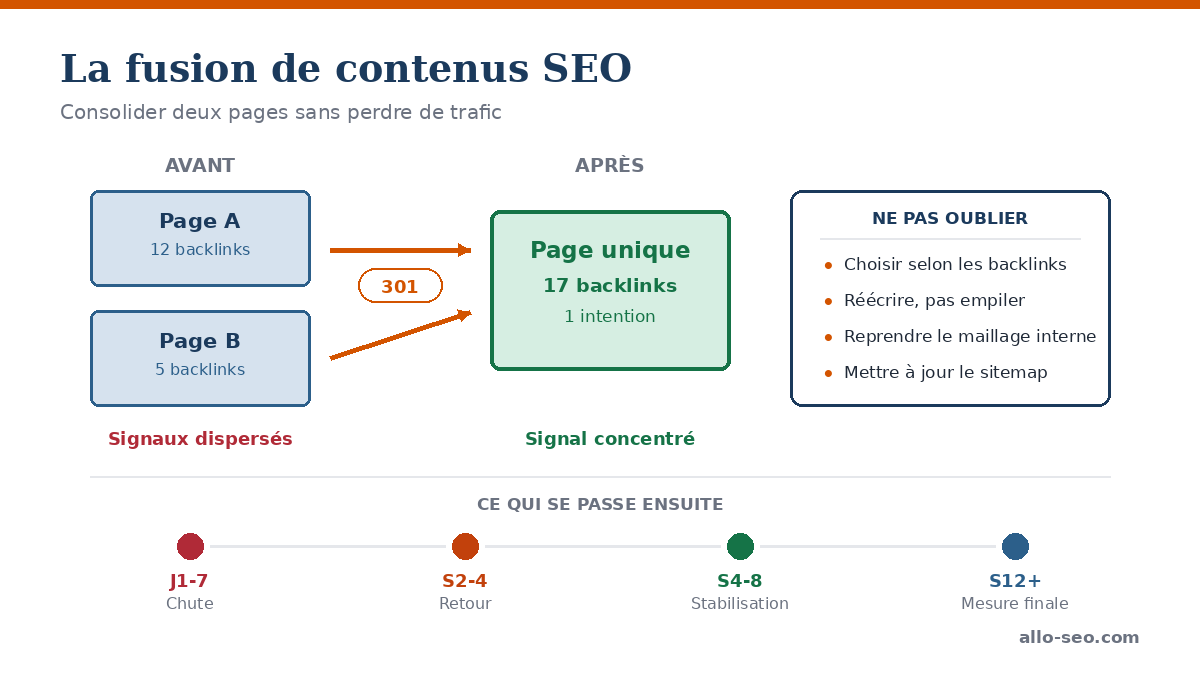 Fusion de deux pages SEO par redirection 301 concentrant 17 backlinks sur une URL unique, avec le calendrier de récupération sur douze semaines