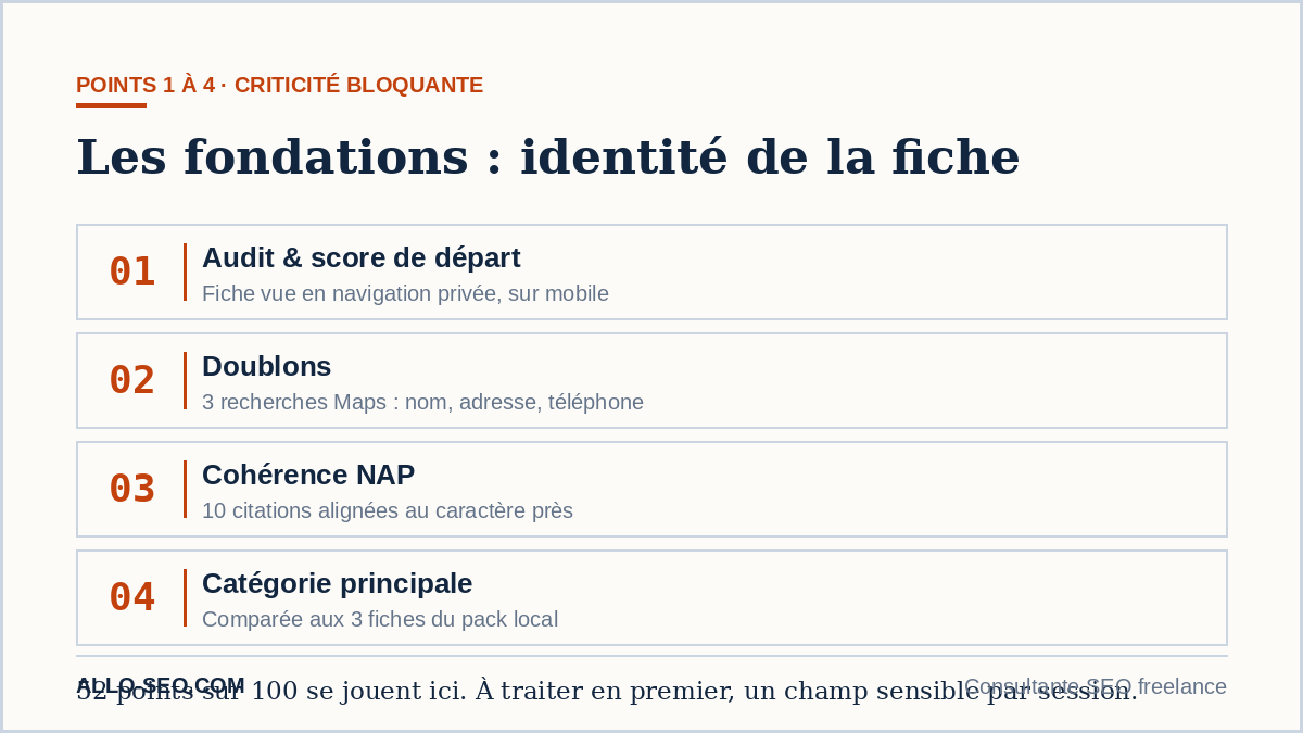 Les quatre fondations d'une fiche Google Business Profile : audit de départ, doublons, cohérence NAP et catégorie principale