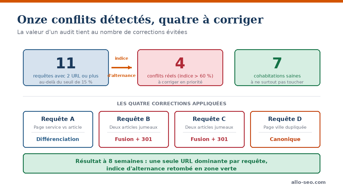 Tri de onze conflits détectés en quatre cannibalisations réelles à corriger et sept cohabitations saines à conserver