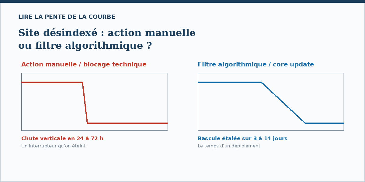 Courbes comparées : chute verticale d'une action manuelle contre bascule étalée d'un filtre algorithmique