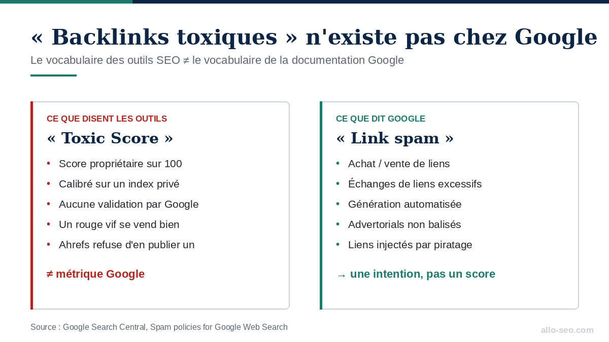 Comparaison entre le toxic score des outils SEO et la définition du link spam par Google
