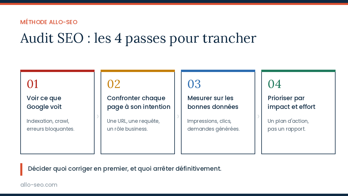 Les 4 passes de la méthode d'audit SEO Allo-SEO : indexation, intention, mesure et priorisation