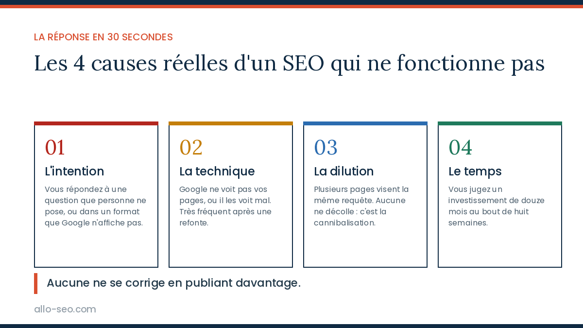 Les 4 causes réelles d'un SEO qui ne fonctionne pas : intention, technique, dilution et temps