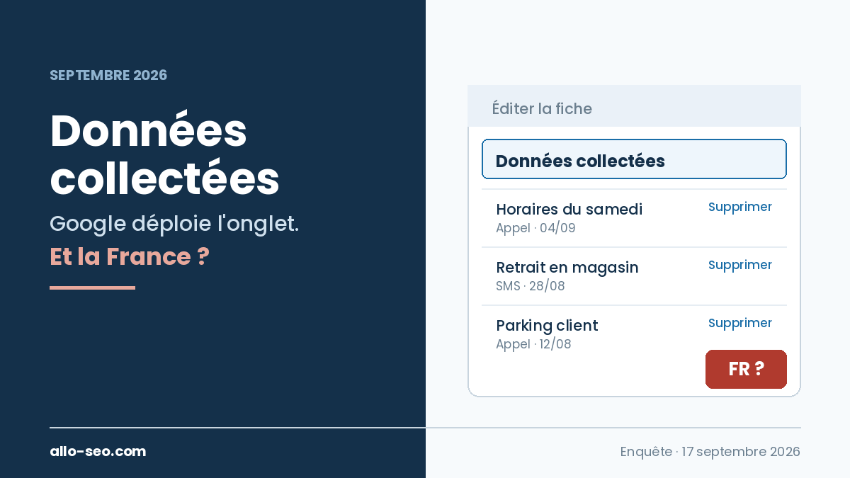 Onglet Données collectées de Google My Business affiché dans un tableau de bord, avec la question de sa disponibilité en France