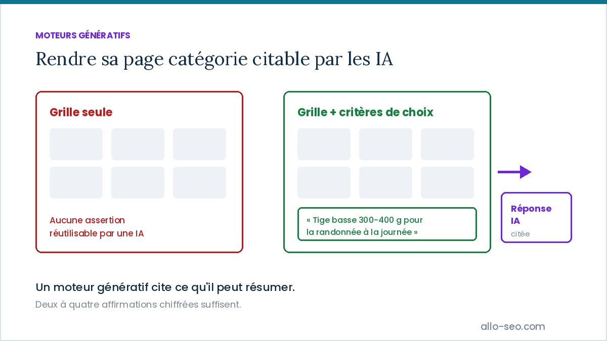 Page catégorie avec bloc de critères de choix citée par un moteur IA, face à une grille de produits sans texte