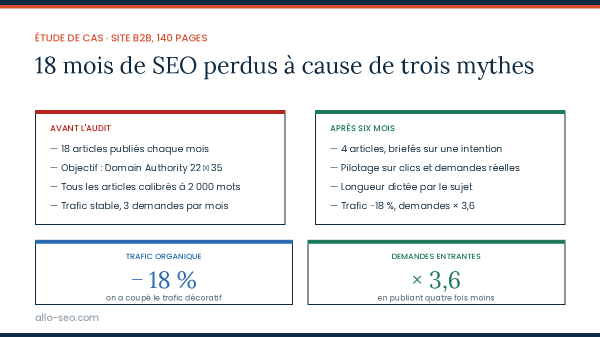 Étude de cas SEO B2B : trafic organique en baisse de 18 % et demandes entrantes multipliées par 3,6 en six mois