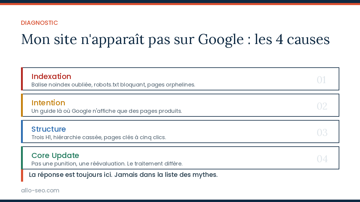 Les 4 causes d'un site invisible sur Google : indexation, intention, structure et Core Update