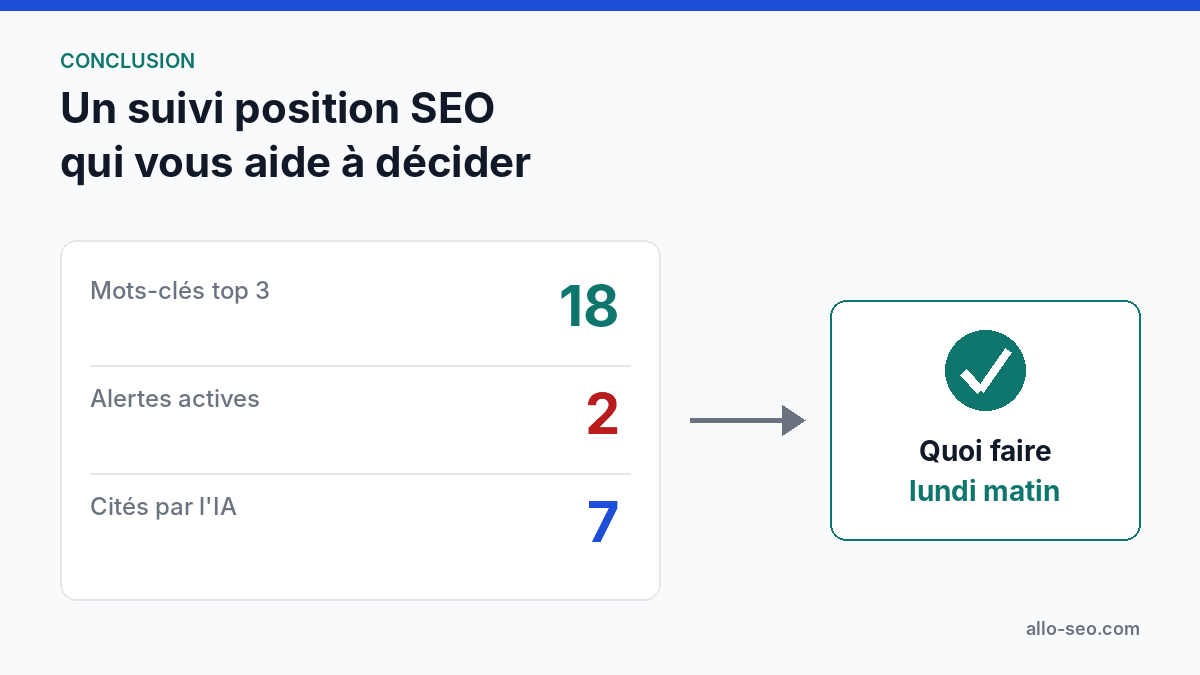Tableau de bord de suivi position SEO qui aide à décider quelle page travailler