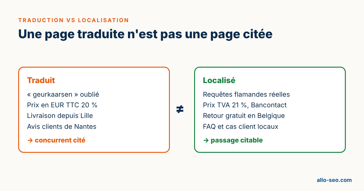 Traduction vs localisation : pourquoi une page simplement traduite n’est pas citée par les IA en Belgique