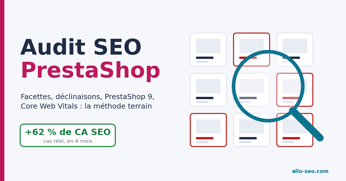 Audit SEO PrestaShop : méthode terrain sur les facettes, déclinaisons et Core Web Vitals, cas réel à +62 % de CA SEO