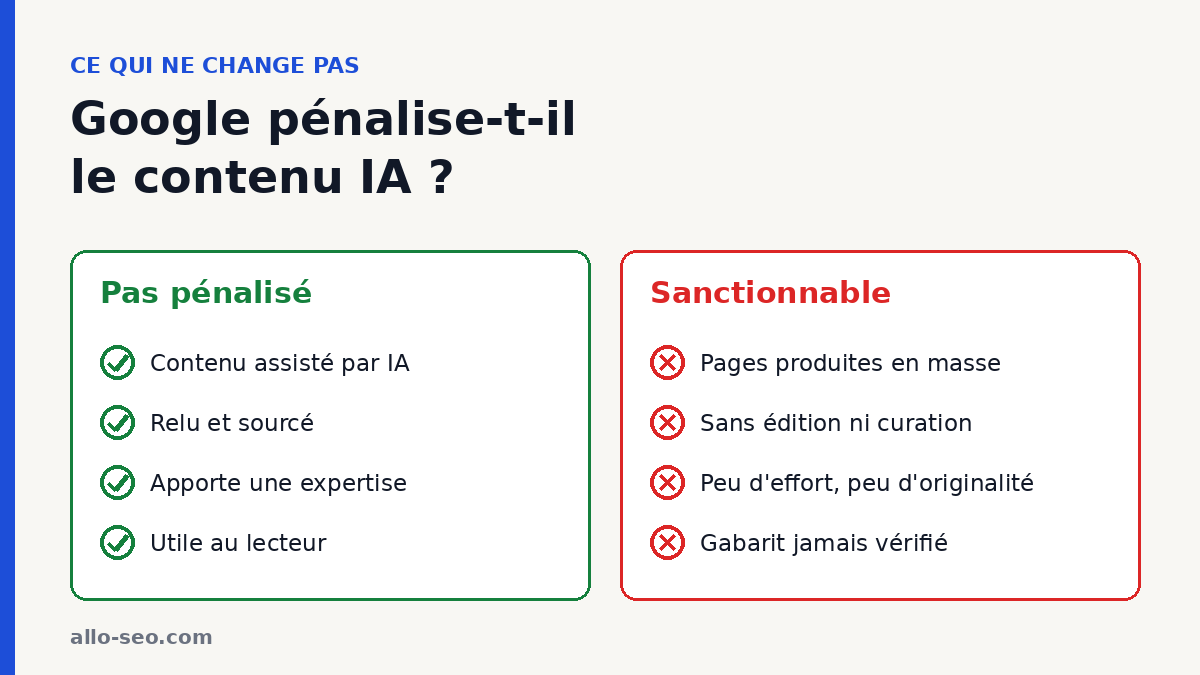 Comparatif entre le contenu IA accepté par Google et le contenu sanctionnable pour scaled content abuse