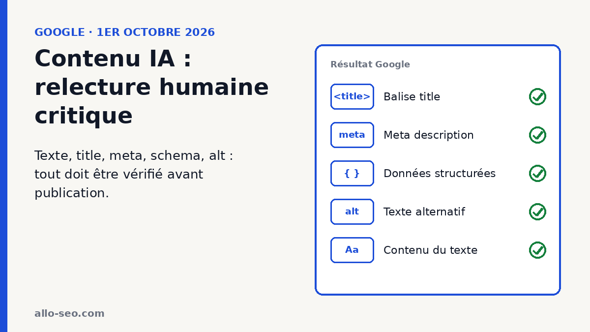 Contenu IA Google : la relecture humaine concerne le texte, la balise title, la meta description, les données structurées et l'attribut alt