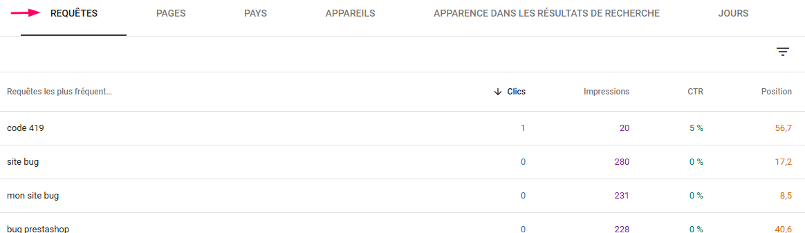 les requêtes dans la search console de google