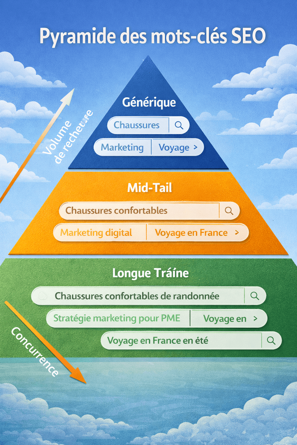 Illustration des mots-clés génériques, mid-tail et longue traîne en SEO