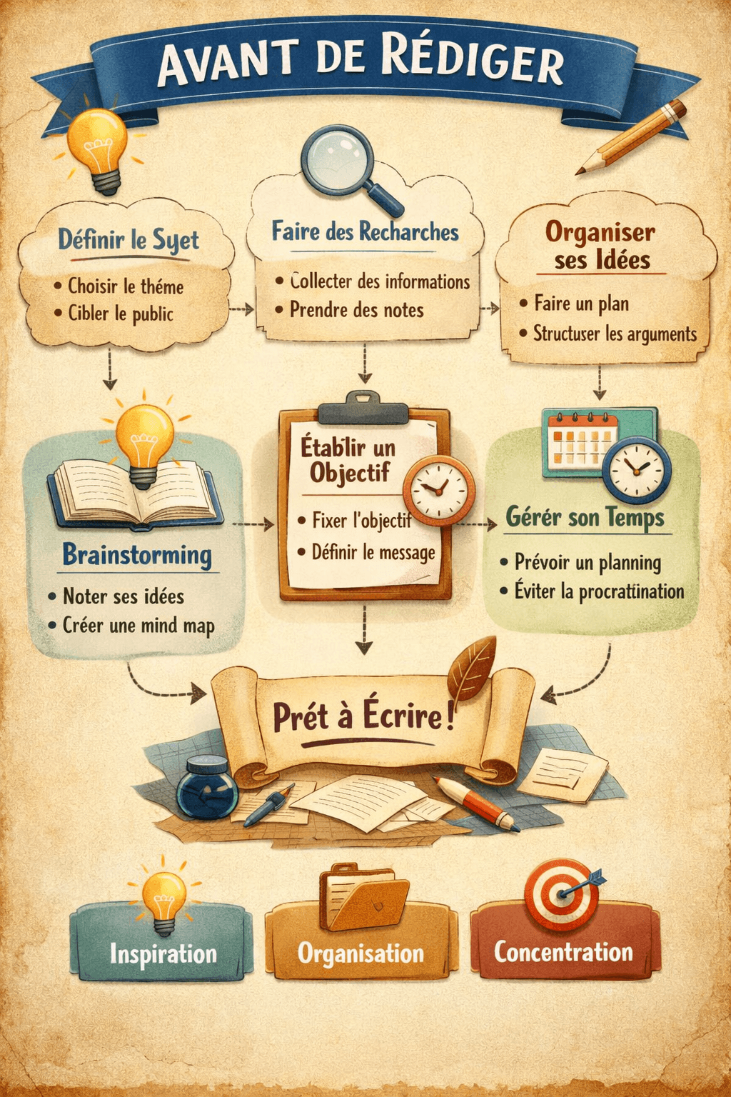 La rédaction d'un article de blog, on trouve son insiparation, de l'organisation, on établit un objectif, on fait des recherches