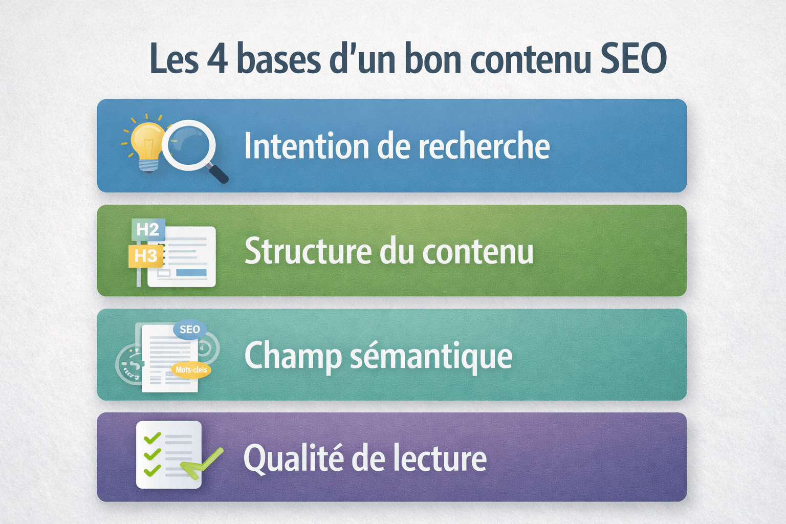 Les 4 bases d'un bon contenus seo : intention de recherche, structure du contenu, champs sémantique et qualité de lecture pour une rédaction web performante