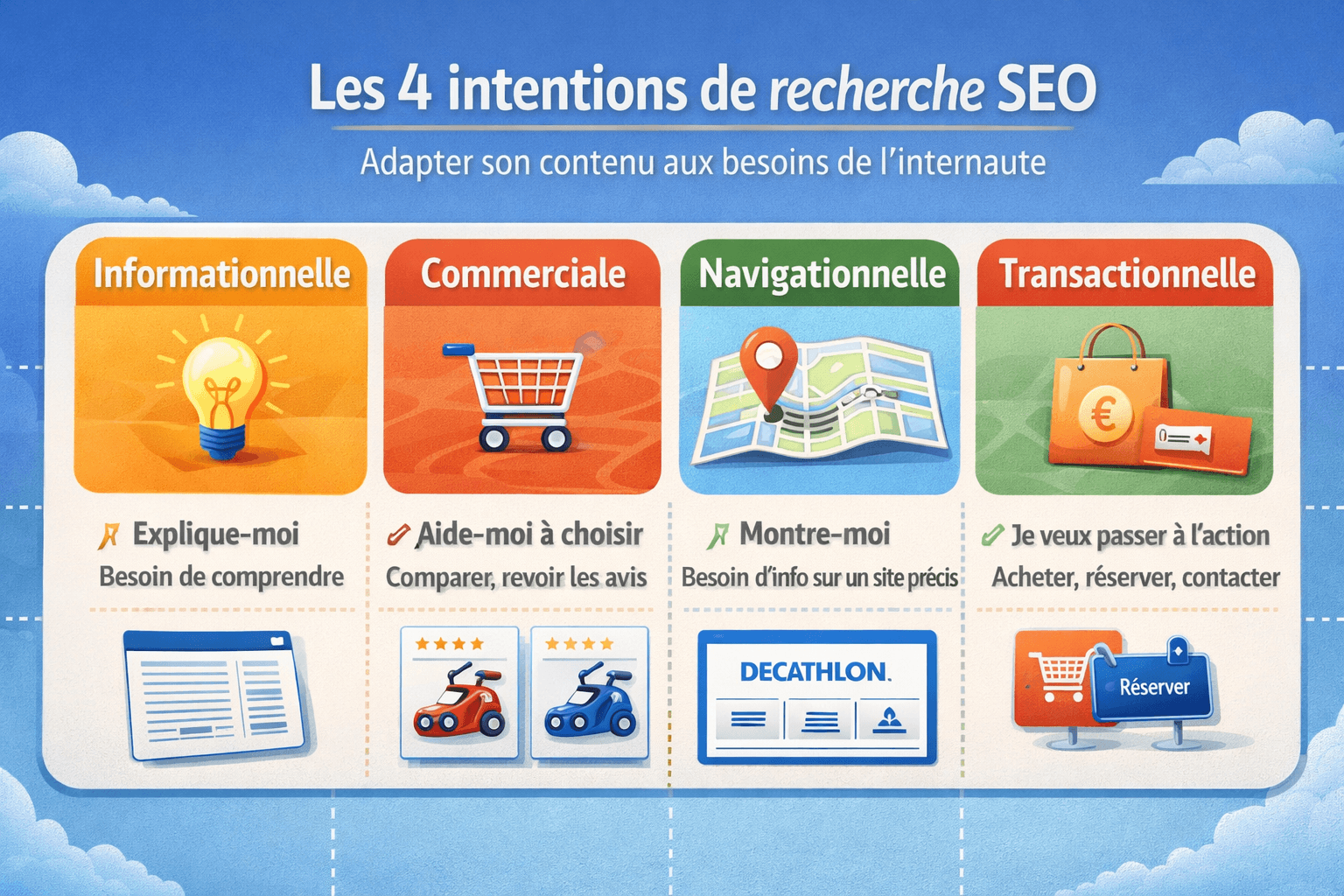 Schéma des 4 types de mots-clés SEO : informationnel, navigationnel, commercial et transactionnel
