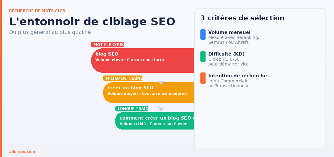 Entonnoir de recherche mots-clés SEO - du mot-clé court à la longue traîne qualifiée