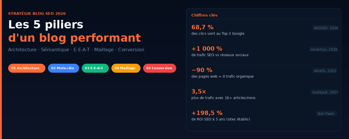 Stratégie blog SEO 2026 - Les 5 piliers fondamentaux et chiffres clés