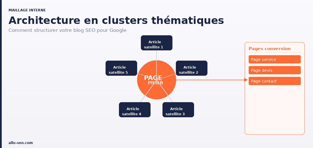Architecture en clusters thématiques - maillage interne blog SEO page pilier et articles satellites