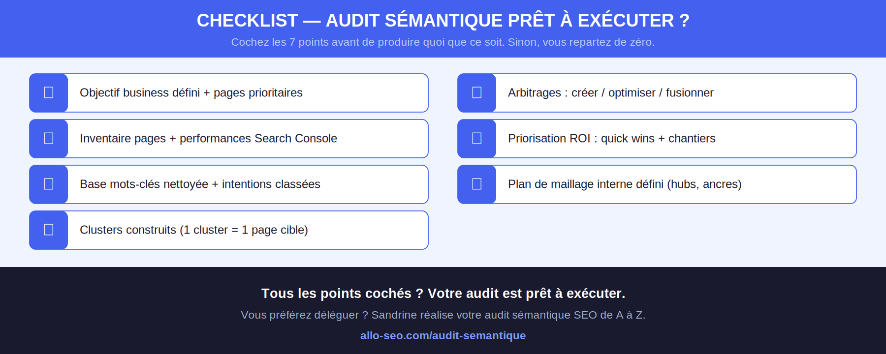 Checklist audit sémantique SEO – 7 points de validation avant exécution
